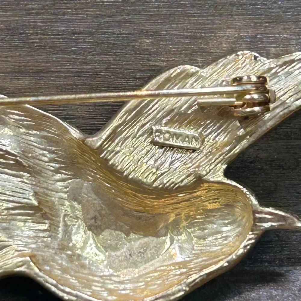 Roman Signed Vintage Bird Brooch Gold Tone Rhinestone Blue Green Enamel